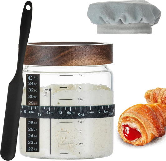 Wissy&Konny Sourdough Starter Jar 35OZ with Ounce Scale Line,Date Marked Feeding Band, Thermometer, Sourdough Jar Scraper, Cloth Cover & Wood Lid, Wide Mouth for Sourdough Bread Baking