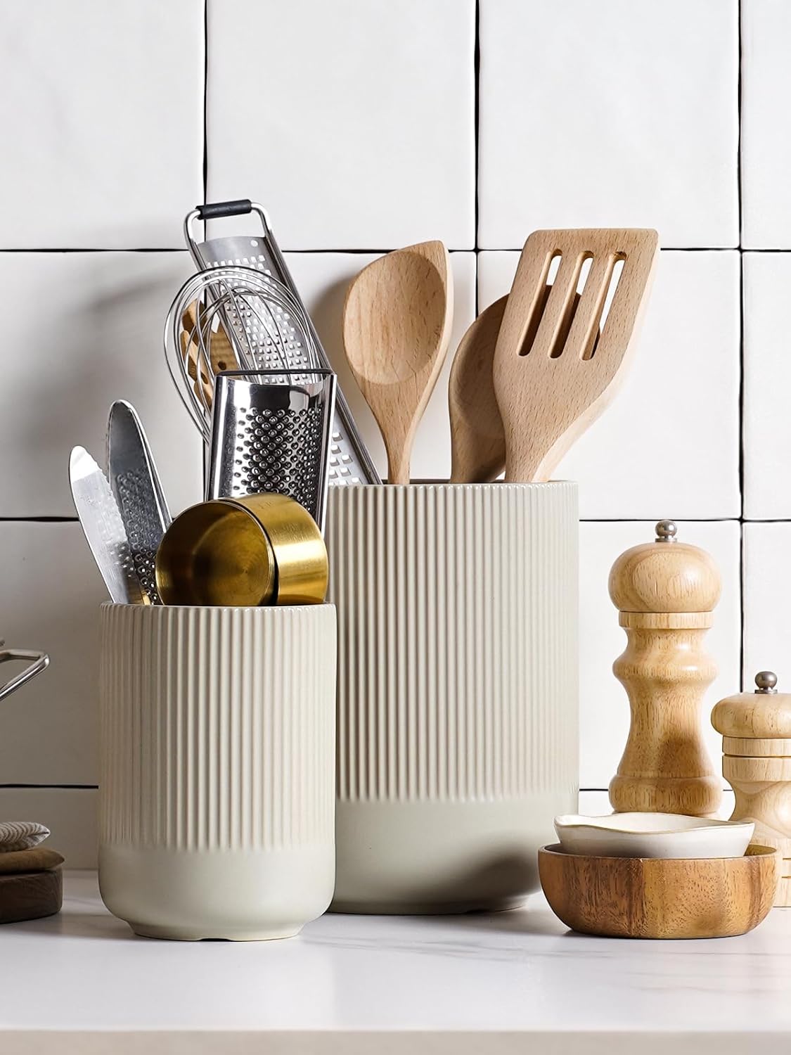 LE TAUCI Utensil Holder, 7.3"+5.4" Ceramic Kitchen Utensil Holder for Countertop, Large Cooking Utensil Crocks for Kitchen Counter, Morden Utensil Organizer for Spatula, Set of 2, Oatmeal Greige