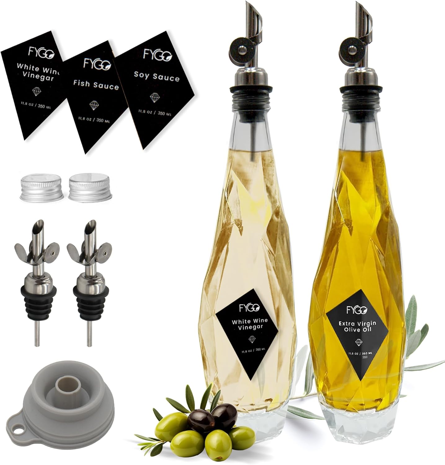 FYGO Diamond Lux Olive Oil Bottle Dispenser - Olive Oil Container- Oil and Vinegar Dispenser Set with Pourer and Funnel - Glass Olive Oil Dispenser Bottle for Kitchen - 350ml - Set of 2