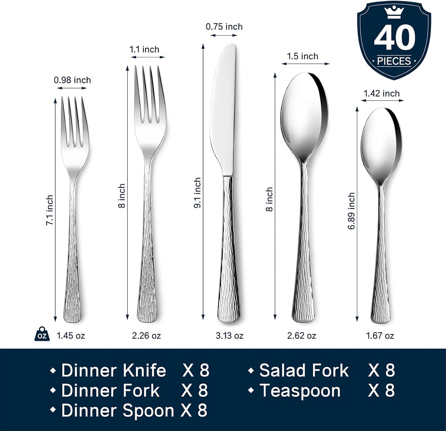 KINGSTONE Hammered Silverware Set, Flatware Set, 18/10 Stainless Steel Premium Cutlery with Unique Ripple Handles Design Mirror Polished - Dishwasher Safe (40-Piece)