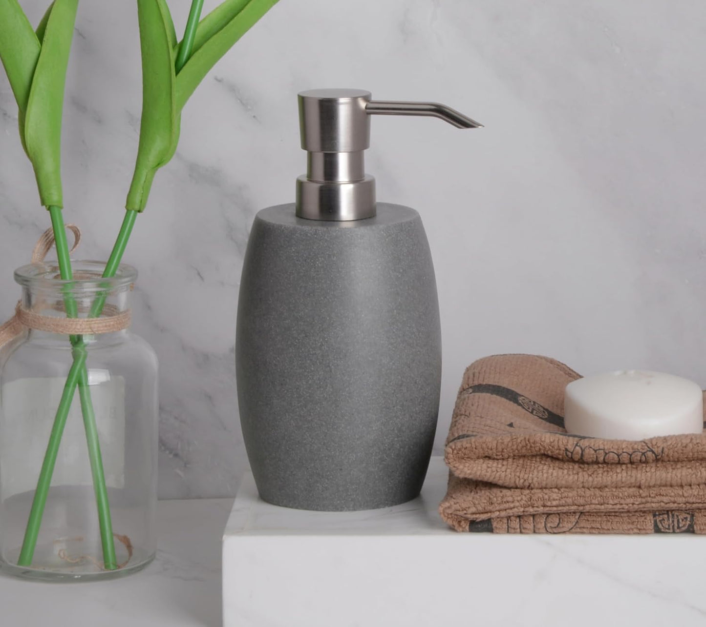 Sandstone Textured Resin Soap Dispenser with Metallic Pump and Waterproof Bottle Labels for Bathroom Kitchen Dish Hand Wash Shower Lotion Shampoo, 12 Oz, Gray