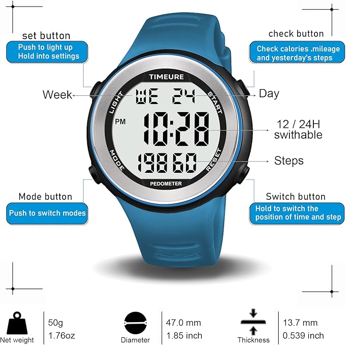 Mens Pedometer Watch for Walking Step Counter Watch No Charging, No App Connection, with EL Backlight. Simple, Practical Choice for Mobile-Free Fitness Enthusiasts TIMEURE-2308