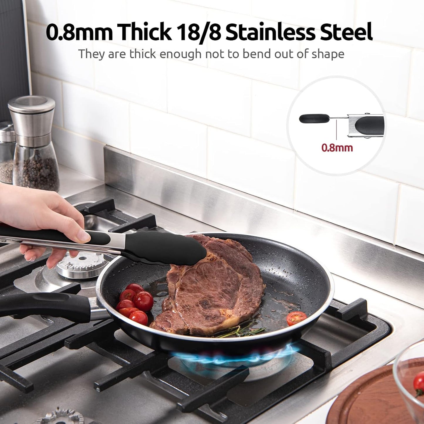 Heat Resistant Silicone Kitchen Tong: U-Taste 9 inch 480ºF Hot Proof Cooking Tong with Firm Sealed Non Stick Rubber Tips & Silicon Coated Steel Handle & Smooth Locking for Serving Grill Salad (Black)