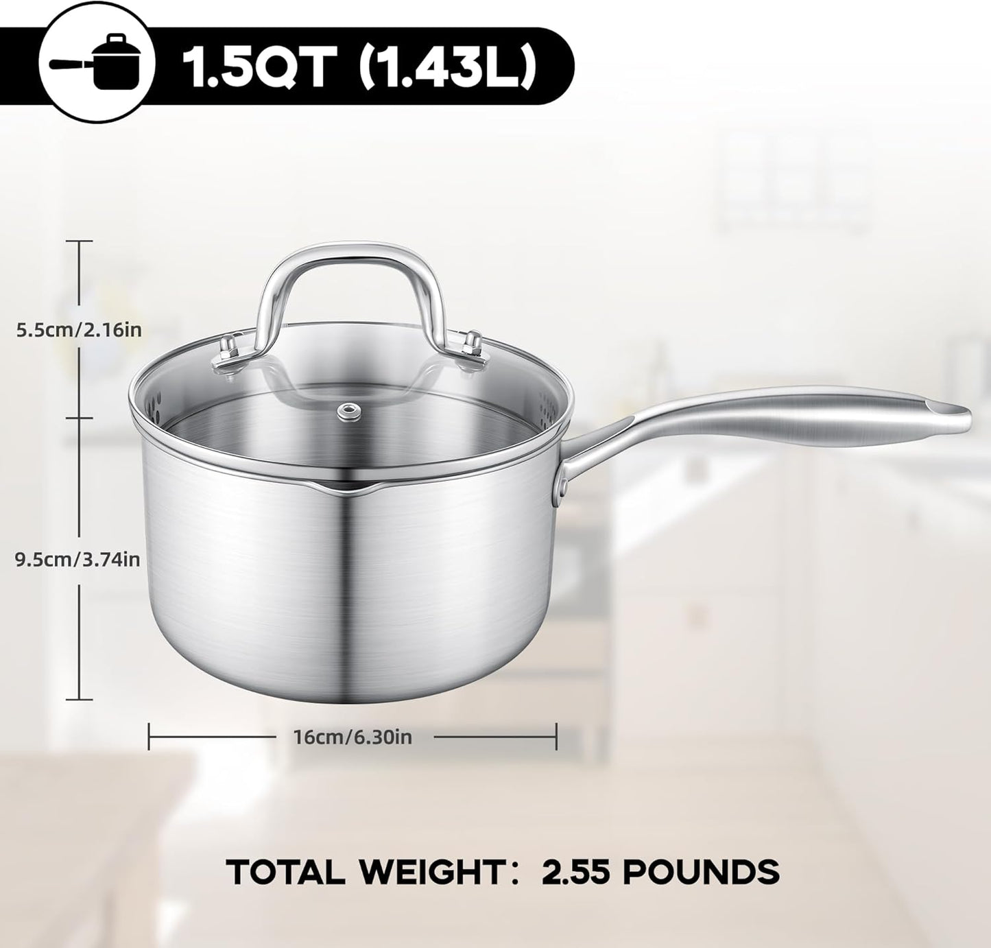 Leetaltree 1.5 Quart Stainless Steel Saucepan with Glass Strainer Lid, Thicken Tri-ply Ful Body, Multipurpose Sauce Pot with Two-Size Drainage Holes Lid, Perfect For Boiling Gravies, Pasta, Noodles