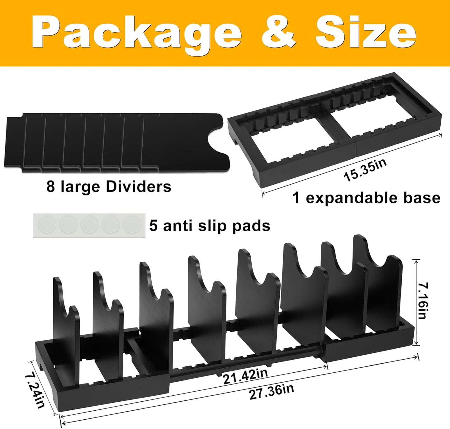 MinBoo Bamboo Expandable Pot Lid Organizer Pot Lid Holder, Pot and Pan Organizer Drawer Organizer for Pot Lids, Adjustable Dividers for Kitchen Cabinet Organizers and Storage,Black,Large