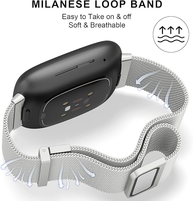 Meliya Metal Band for Fitbit Sense 2 / Sense Bands, Fitbit Versa 4 / Versa 3 Bands Women Men, Stainless Steel Mesh Magnetic Replacement Bracelet Strap for Fitbit Sense 2 / Versa 4 Smartwatch