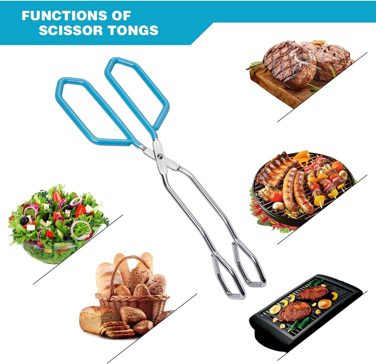 MSY BIGSUNNY Stainless Steel Scissor Tongs Heavy Duty Cooking Tongs with Soft Handles (1, blue 11")