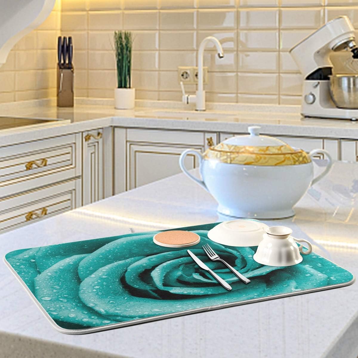 Super Absorbent Dish Drying Mat, Microfiber Fast-Drying Dish Mat, 24" x 18", Kitchen Dish Drying Pad Hipster Turquoise Rose Petals