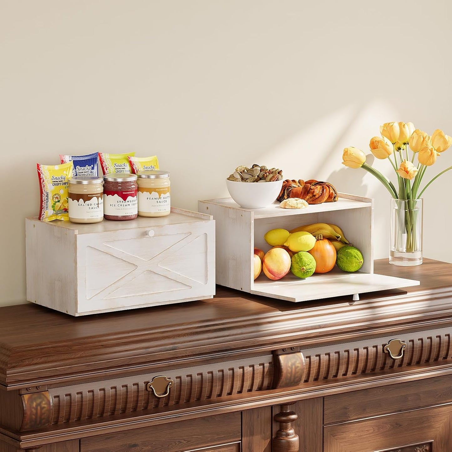 Bamboo Bread Box for Kitchen Counter Farmhouse Bread Storage Container Large Capacity Bread Storage Bin Bread Holder (Antique White)