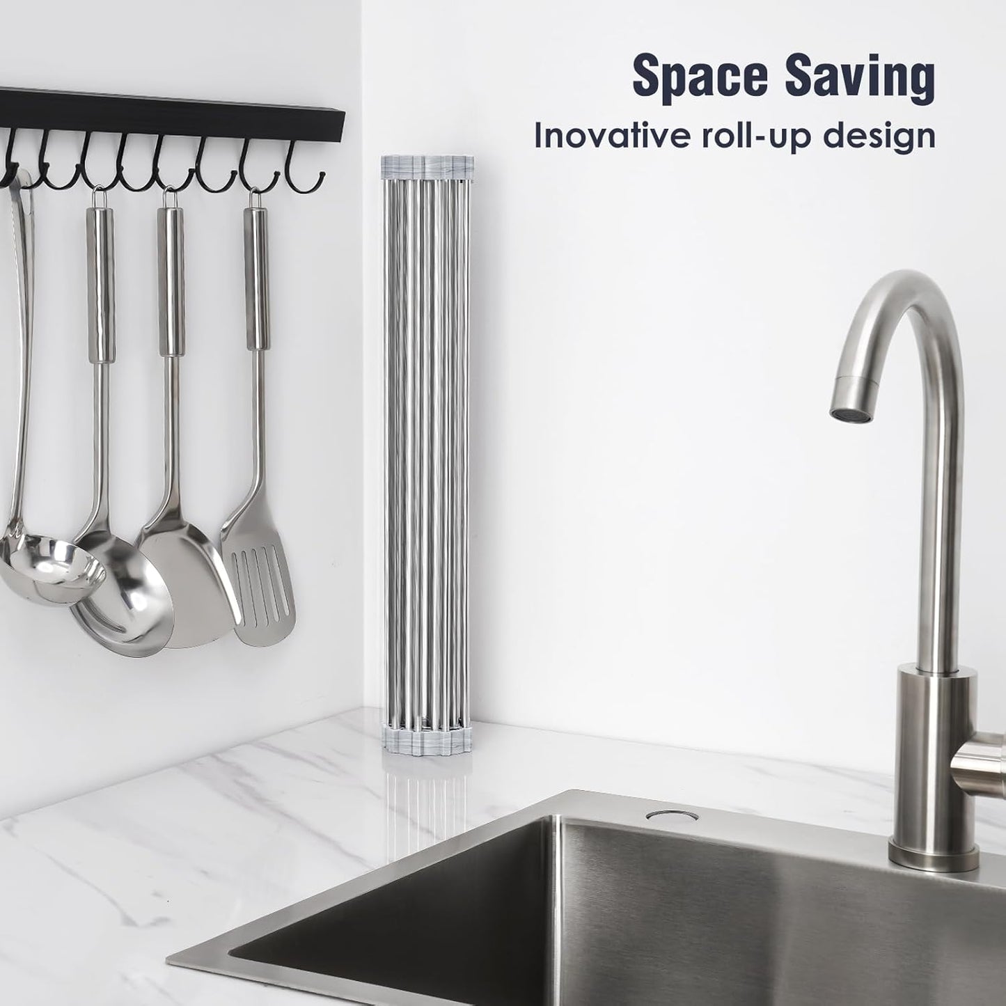 Tomorotec Stainless Steel Roll-Up Dish Drying Rack Marble Color Silicone Edges, Foldable Kitchen Rack Heat Resistant Trivet Supports up to 70 lbs, Food Safe for Dishes, Cookware & More