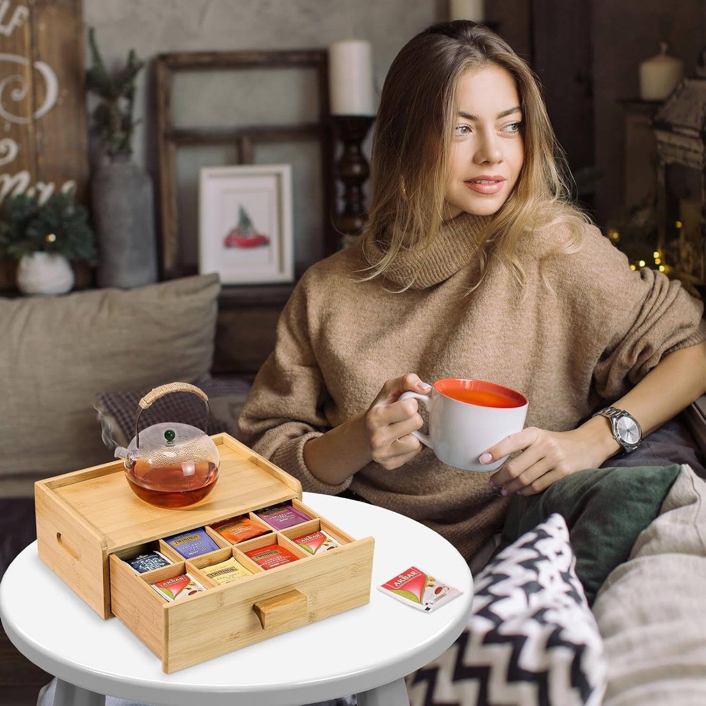 Bamboo Tea Bag Organizer, Slide Drawer Storage Box with 8 Compartments, Eco-Friendly Countertop Holder Display for Teabags, Tea Station Chest, Organizador De Te