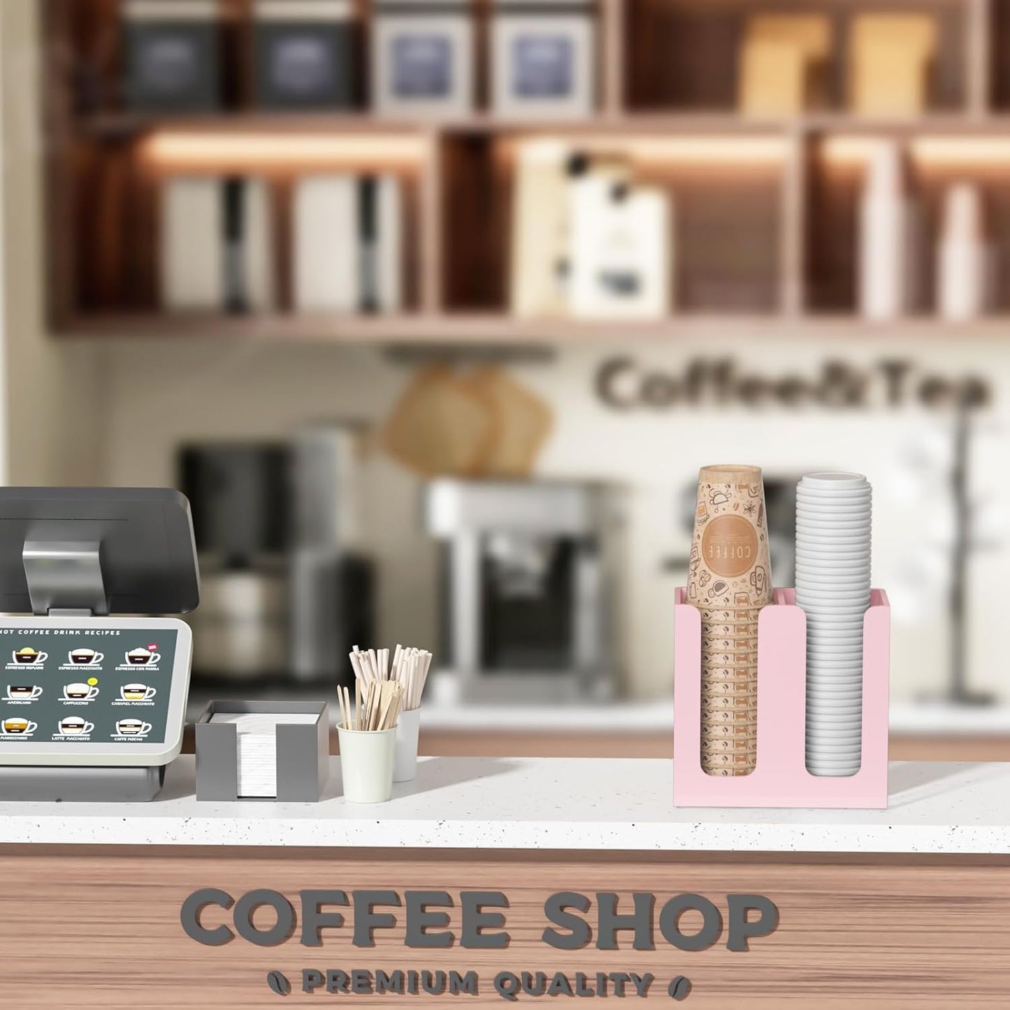 WINFFOR Disposable Cup Organizer Dispenser - 2 Compartments Lightpink Acrylic Cup and Lid Holder with Handles Plastic Cup Dispenser Countertop Paper Cup Holder for Coffee Bar House Party Essentials