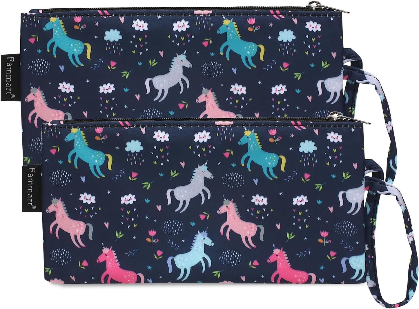 Reusable Sandwich Bag/Snack Bag for Kids & Adults, Dual Layer Lunch Bag with Handle, Washable, Food Safe, BPA Free (2-Pack, Colorful Unicorn)