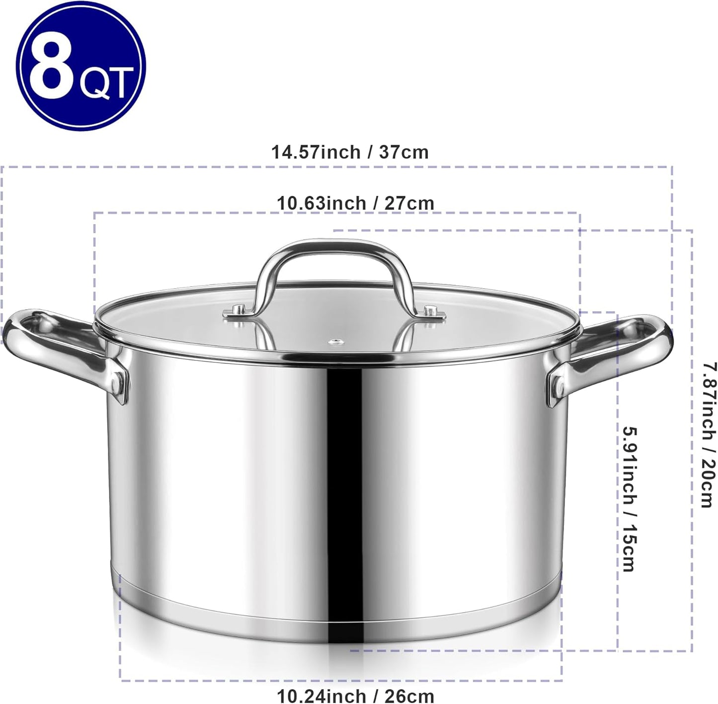LIANYU Stainless Steel Stock Pot, 8 QT Large Soup Pot for Home Kitchen, Heavy Duty Cookware Compatible with Ceramic Gas Induction Cooktop, Dual Handles & Glass Lid, Dishwasher Safe
