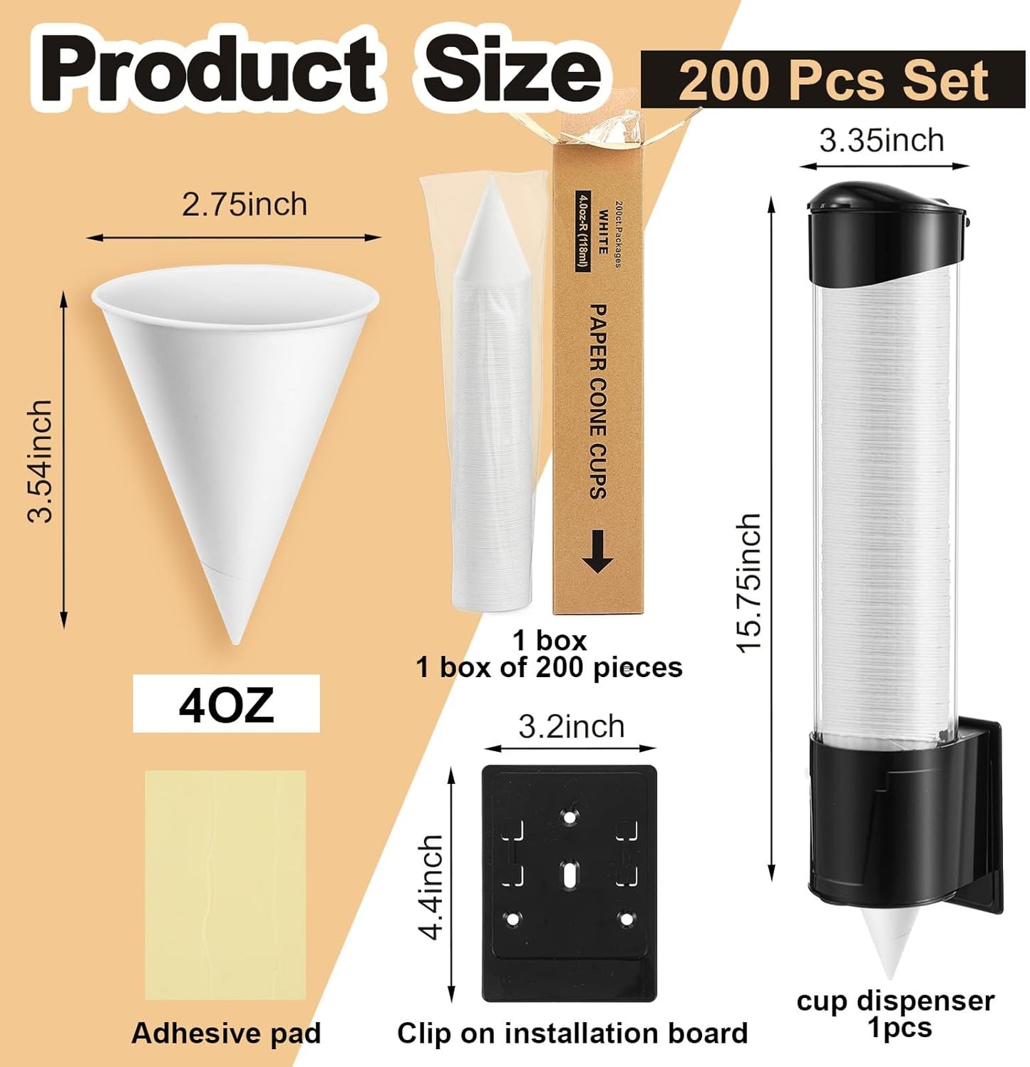 Roshtia 200 Pcs 4 oz Paper Cone Cups Thicken Disposable with 1 Cups Dispenser Pull Type Wall Mount Cup Holder Paper for Restaurants, Home, and Office, and Shaved Ice, Cold (Black)