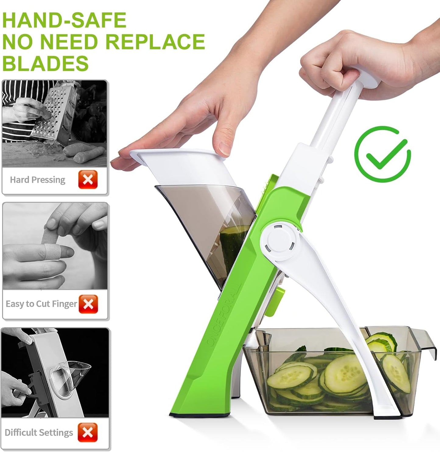 Upgraded Mandoline Slicer for Kitchen &Safe Vegetable Chopper 5 in 1 & Adjustable Mandoline Slicer,Can cut slicing,strips,shredding and dicing Kitchen Veggie chopper (Only Slicer Green)