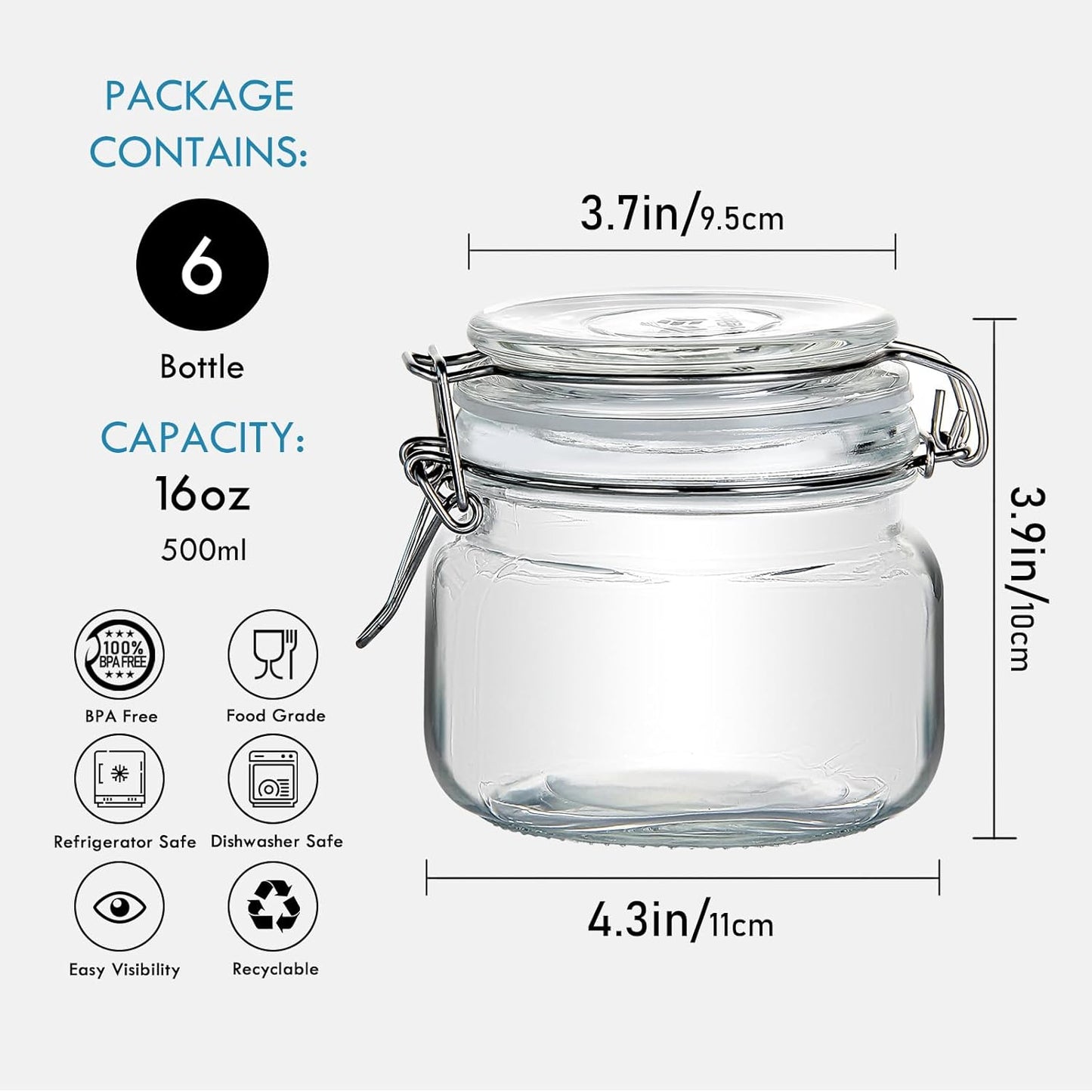 YEBODA 16oz Food Storage Canister Glass Jars with Clamp Airtight Lids and Silicone Gaskets for Multi-Purpose Kitchen Containers - Clear Square (6 Pack)