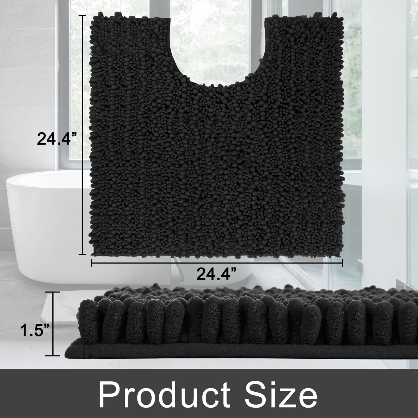 Yimobra Toilet Rug U Shaped Washable 24x20 Inch - Ultra Soft Absorbent Chenille Bath Rugs for Toilet, Quick Dry & Machine Washable, Non Slip Contour Bathroom Mat, Black