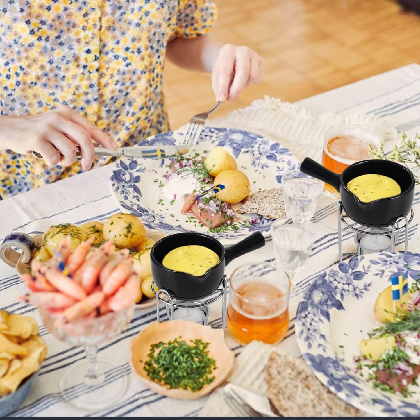 Artestia Butter Warmer for Seafood Set of 4, Ceramic Lobster Butter Warmers with 4 Pieces Tealight Candles for Melting Butter, Chocolate, with Handle, Dishwasher Safe, Black