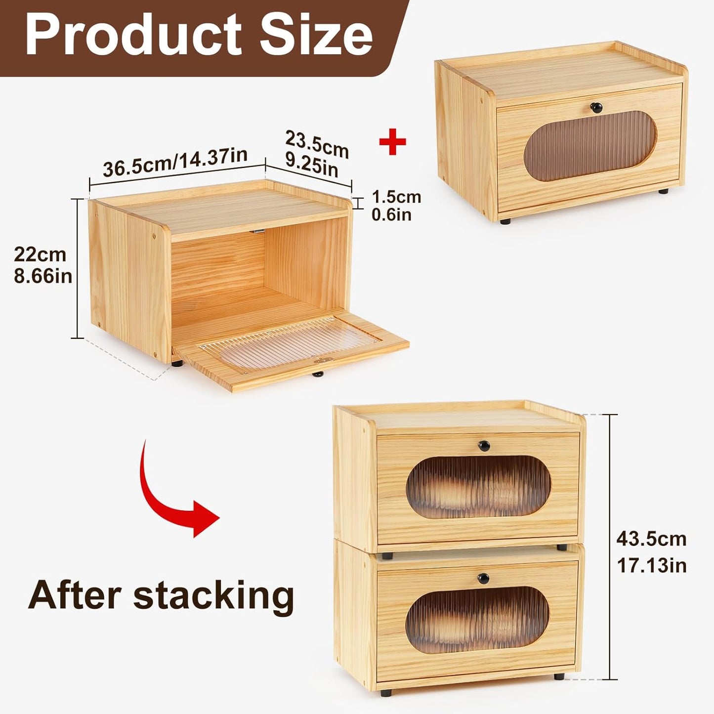 Sunhoo Bread Box for Kitchen Countertop Storage Wooden Breadbox Holder Container Morden Rustic Fresh Bread Keeper Farmhouse Stackable Organizer Bin for Homemade Food Shelf Acrylic Window (Yellow)