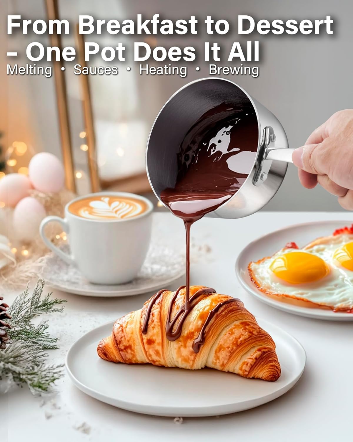 D&M Butter Warmer Set, 4-Piece Milk Frother and Chocolate Melting Pot, Multi-Ply Clad Stainless Steel Small Saucepan for Induction Stovetop, Coffee, Butter, Syrup, 0.14/0.23/0.39/0.57 Quart