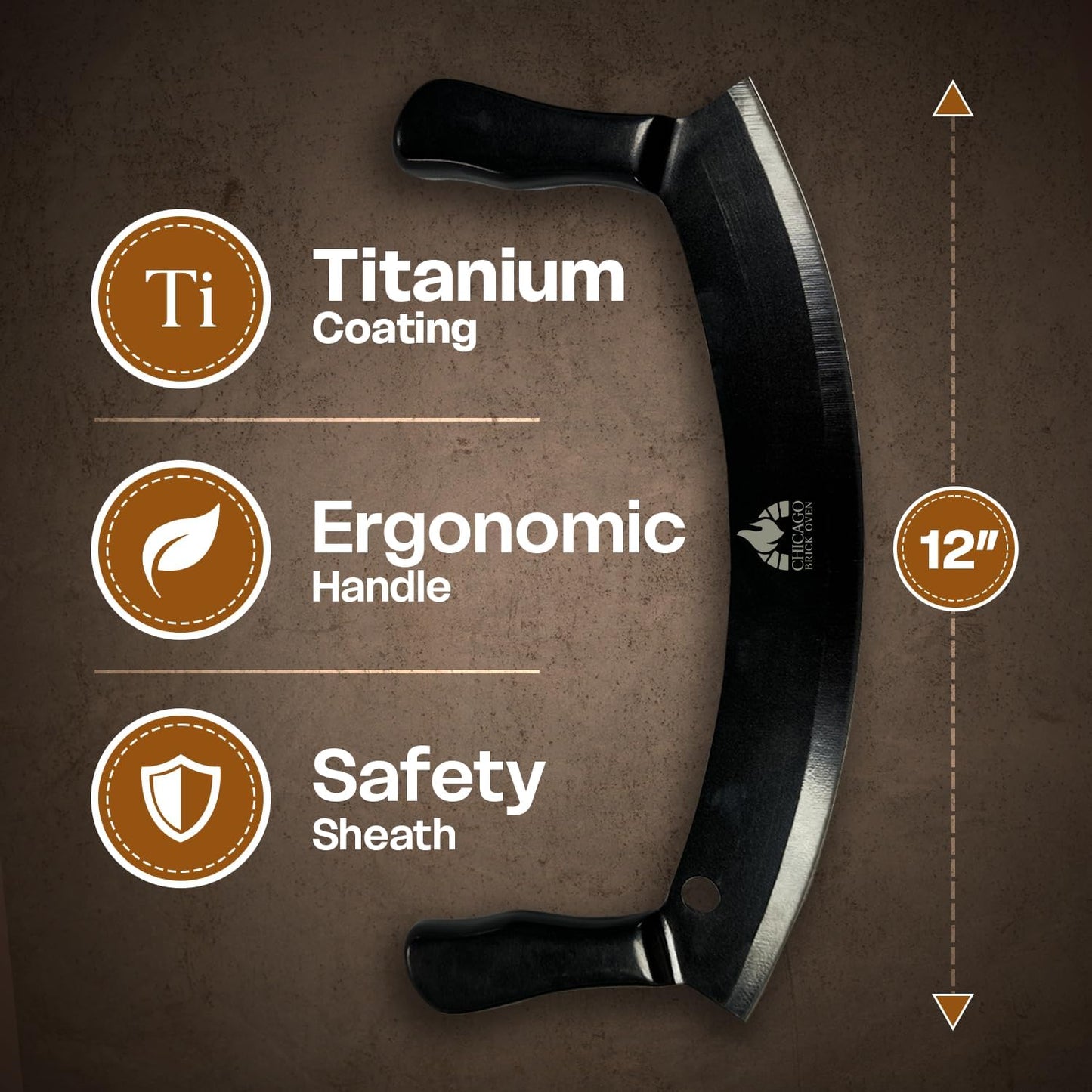 12-Inch Pizza Cutter Rocker Blade – Stainless Steel Mezzaluna Knife with Titanium Coating – Large Professional Pizza Cutter with Protective Cover – Dishwasher Safe