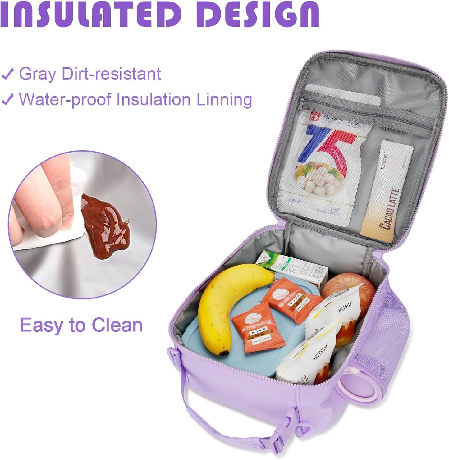 Initial Insulated Lunch Bag for Girls Kids, Back to School Gift, Reusable Leak-proof Lunch Box with Adjustable Strap for School Daycare Travel Picnic (Purple,E)