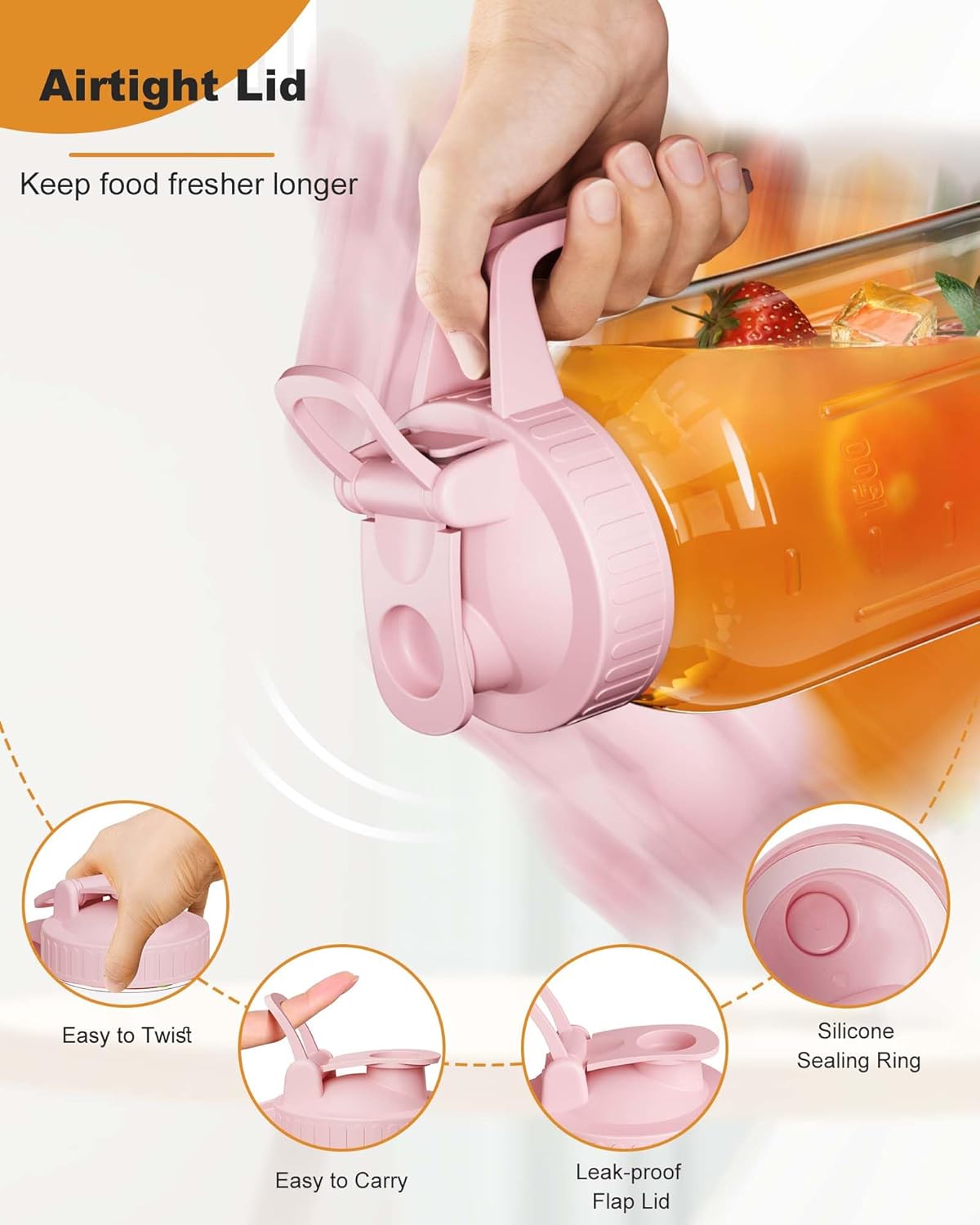 | 2 Pack | 64oz Glass Pitcher with Lid and Spout, 2 Quart (1.9 Liter) Mason Jar Pitcher Wide Mouth, Airtight Water Jug for Juice, Sun Tea, Iced Coffee, Milk Storage, Pink & Green