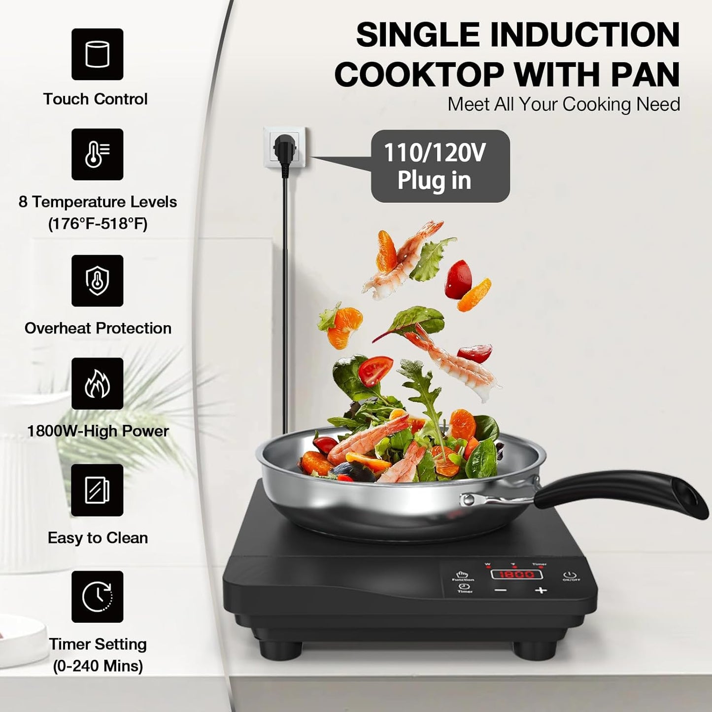 Portable Induction Cooktop 1800W,110V Single Burner Induction Burner & Fry Pan, Hot Plate Stove Electric Burner LED Touch Control & 4H Timer, 8 Power 8 Temperature Setting for Cooking