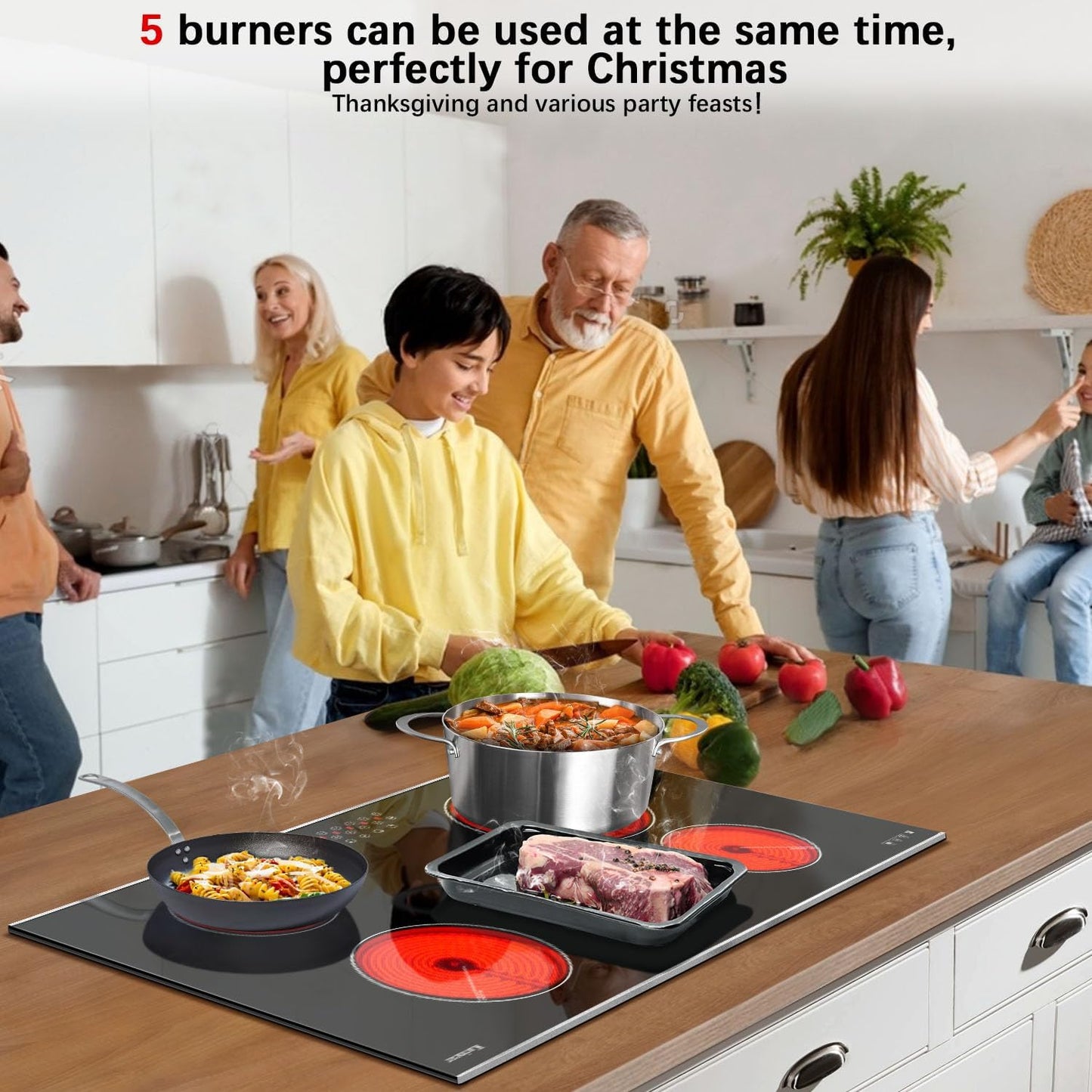 Karinear Electric Cooktop 36 Inch, 5 Burners Electric Stove Top, Built-in Glass Radiant Electric Ceramic Cooktop, Expandable Zones, Lock, Timer, Pause, Metal Edged Protection, 8400W 220~240v Hardwired