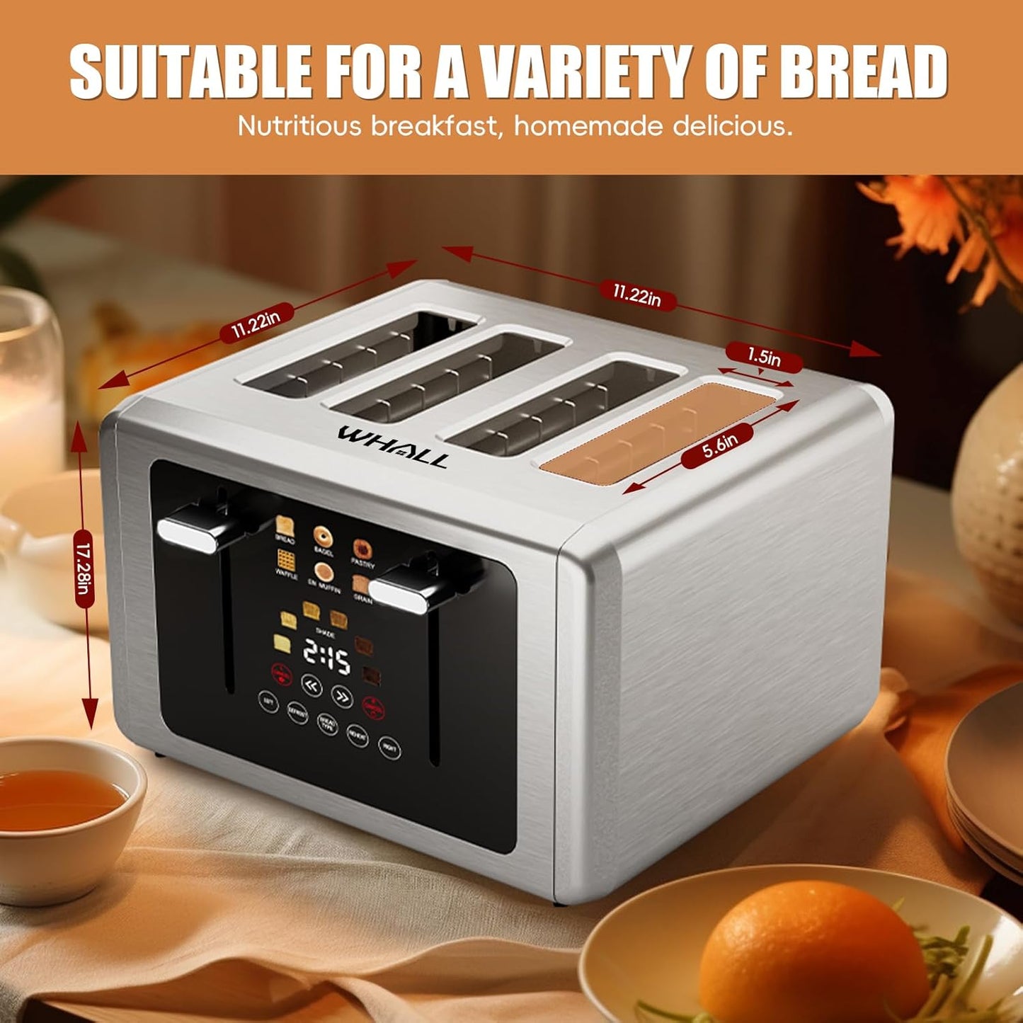 whall 4 Slice Touch Screen Toaster, Stainless Steel Toasters Digital Timer, Dual Control Panel Toasters，6 Shade Settings＆6 Bread Types, Smart Wide Slots, Bagel, Cancel, Defrost,Flat lever Silver