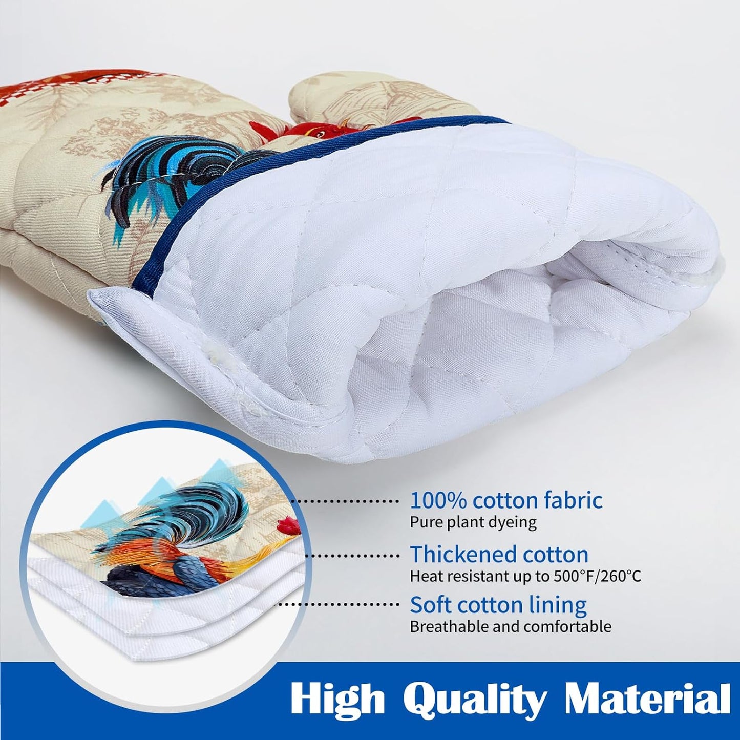 Rooster Oven Mitts and Pot Holders Sets 100% Cotton Heat Resistant, Extra Long Oven Gloves Potholder for Kitchen Cooking Baking Housewarming