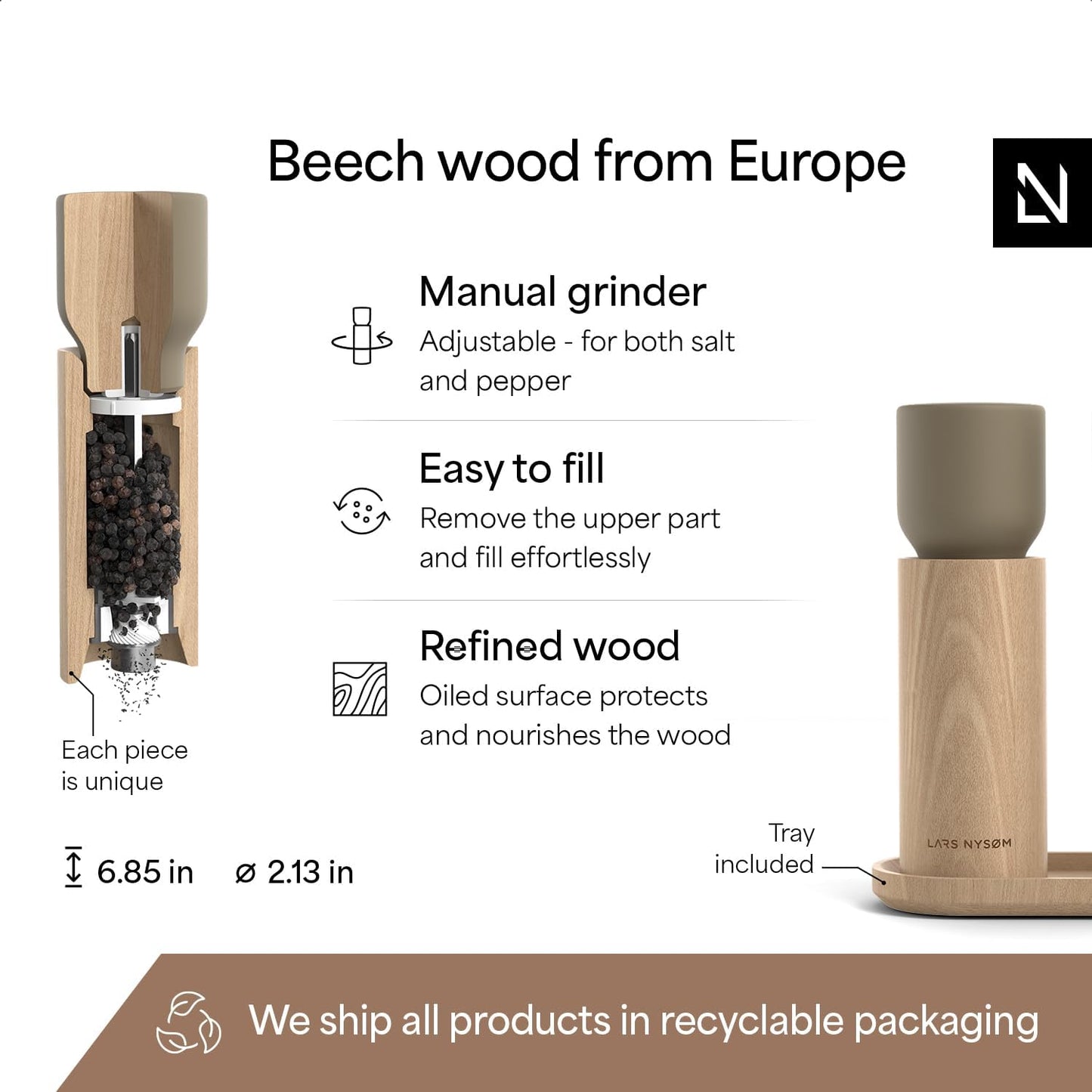 LARS NYSØM Wooden Salt and Pepper Grinder Set Manual with Tray - Salt and Pepper Mills with Adjustable Ceramic Grinder - Elegant Beechwood Pepper and Salt Mill Set for Dining Table (Taupe Brown)