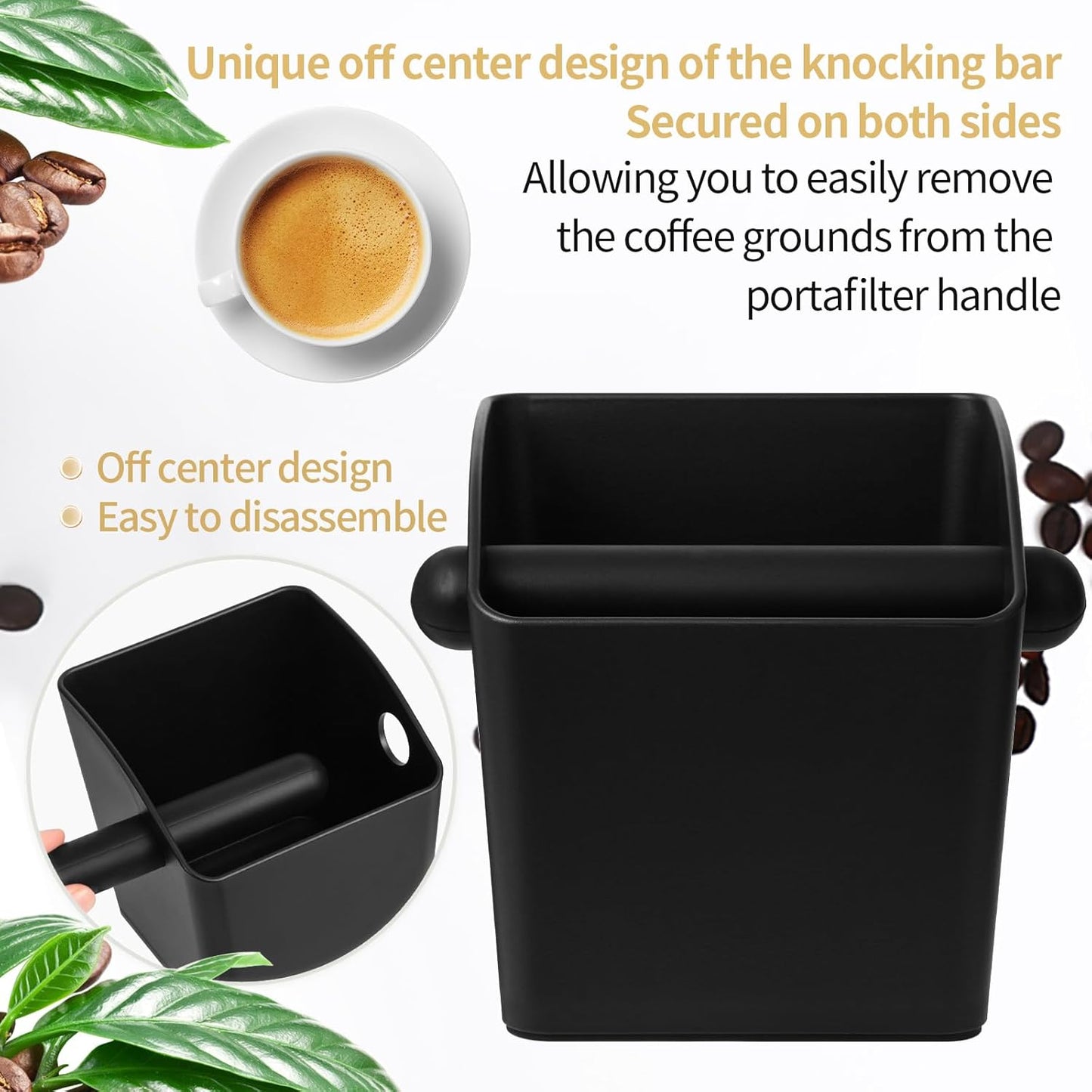 Large Square Knock Box Shock-absorbent Knock Box Espresso with Removable Knock Bar and Non-Slip Base Espresso Accessories for Home/Office (Large Black Knock Box)