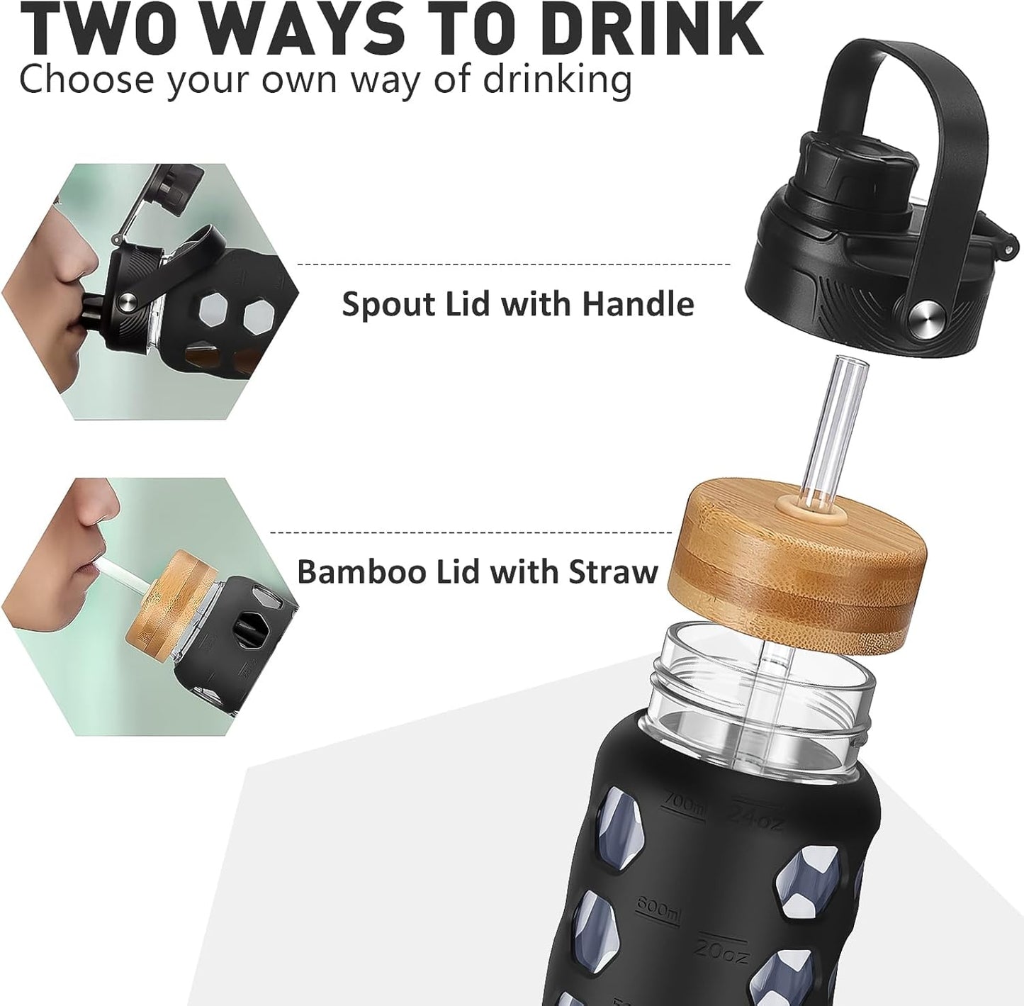 MUKOKO Glass Water Bottles, 24oz Glass Tumbler with Straw, Drinking Bottles with 2 Lids-Handle Spout Lid&Bamboo Straw Lid, Motivational Water Bottle with Time Marker and Silicone Sleeve, 1 Pack-Black