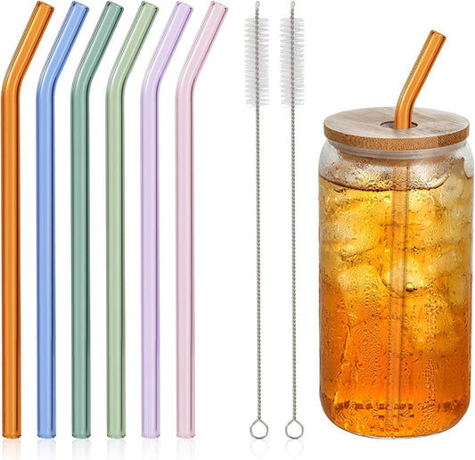 6 Pcs Reusable Bent Glass Drinking Straws,9''x10 mm Colorful Glass Straws for Beverages, Shakes, Milk Tea, Juices,Set of 6 Bent with 2 Cleaning Brushes -Shatter Resistant