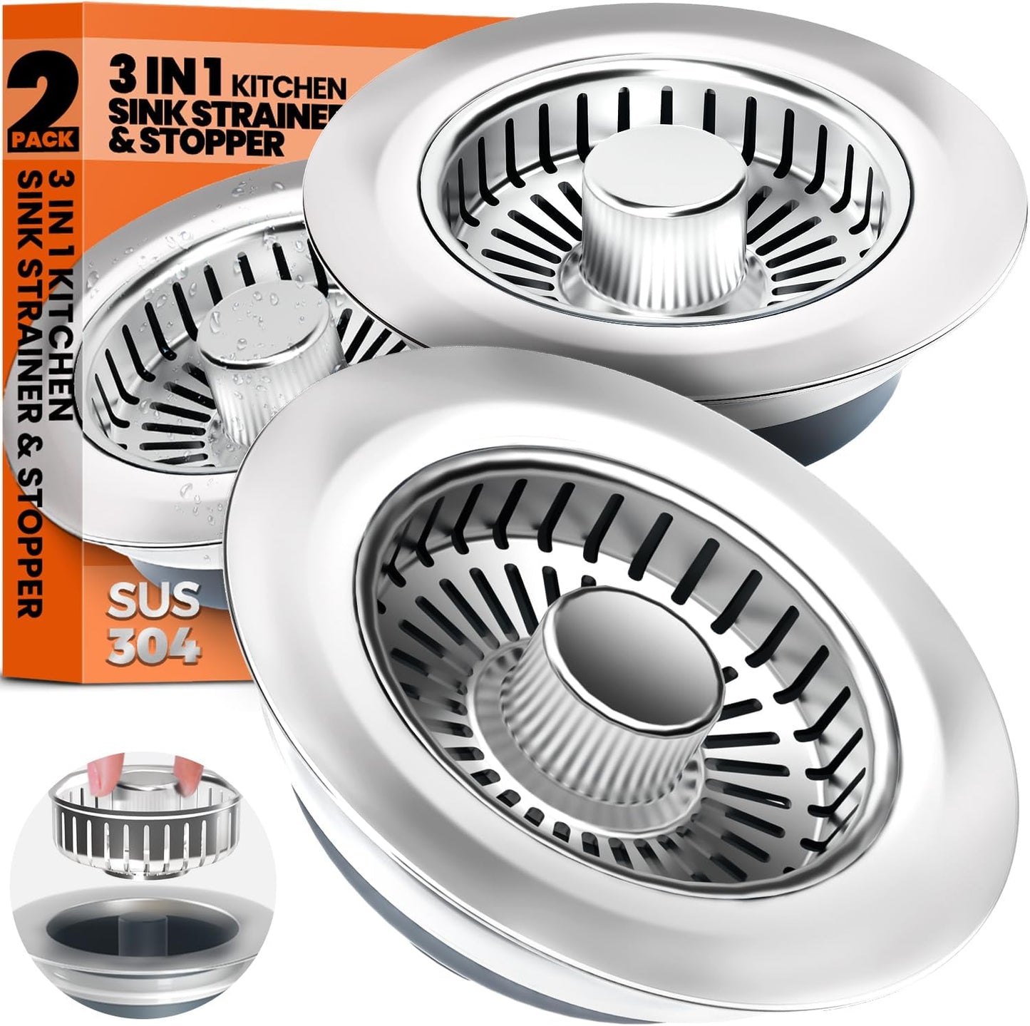 Kitchen Sink Drain Strainer & Sink Stopper, Upgraded 3 in 1 Stainless Steel Drain Plug Combo with Anti-Clog Basket, Pop Up Drain Cover for Standard 3-1/2'', Fits Double Bowl Kitchen Sinks