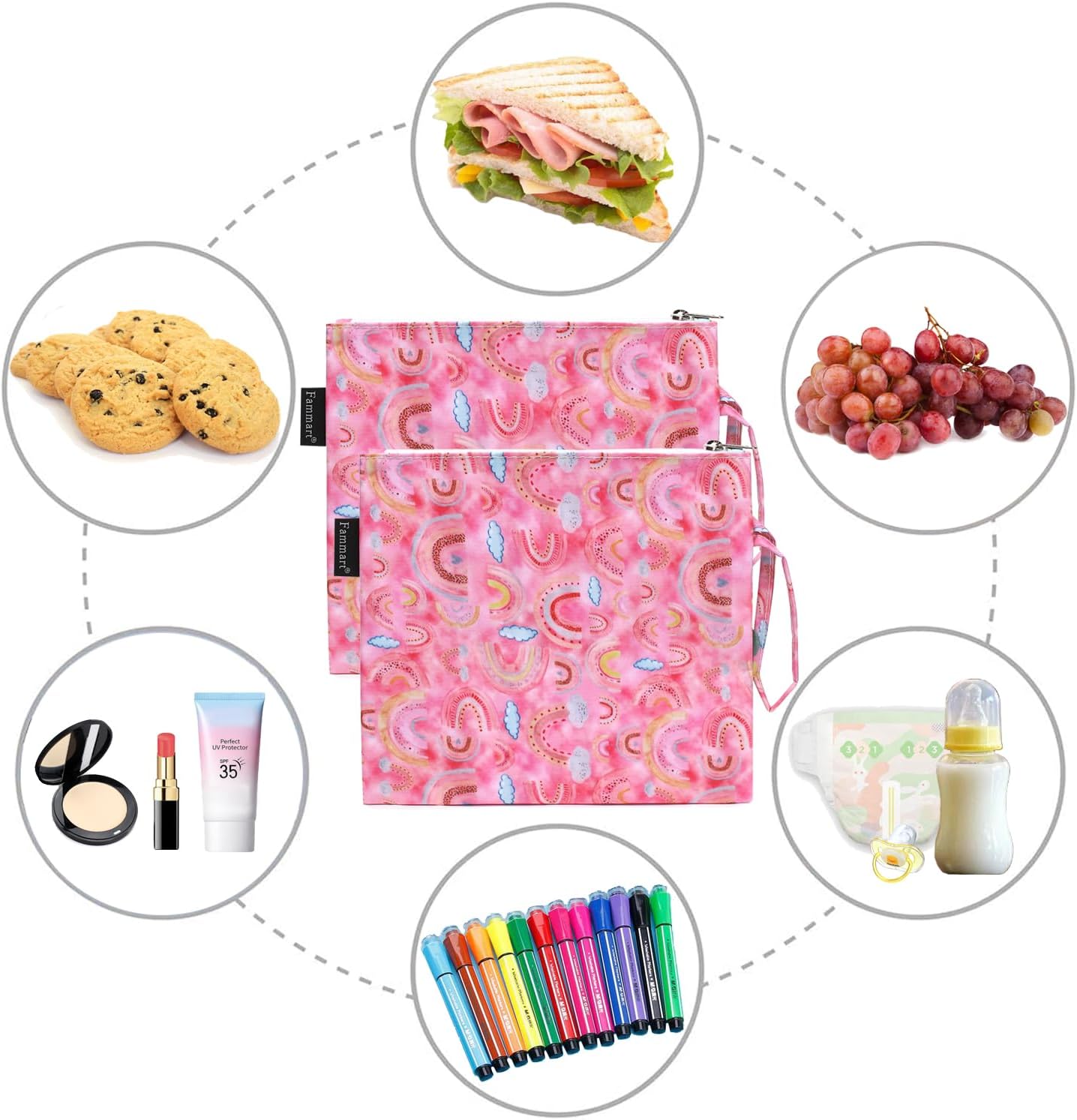 Reusable Sandwich Bag/Snack Bag for Kids & Adults, Dual Layer Lunch Bag with Handle, Washable, Food Safe, BPA Free (2-Pack, Rainbow)