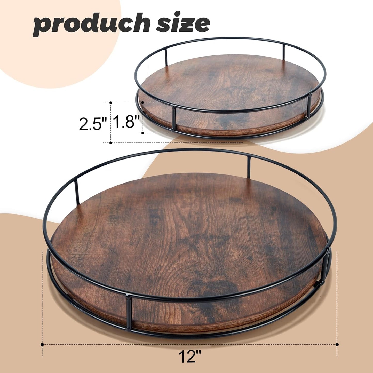 12 Inch Wood Lazy Susan, Rustic Brown Turntable Organizer with Steel Frame, 360 Degree Decorative Turntable for Countertop or Centerpieces