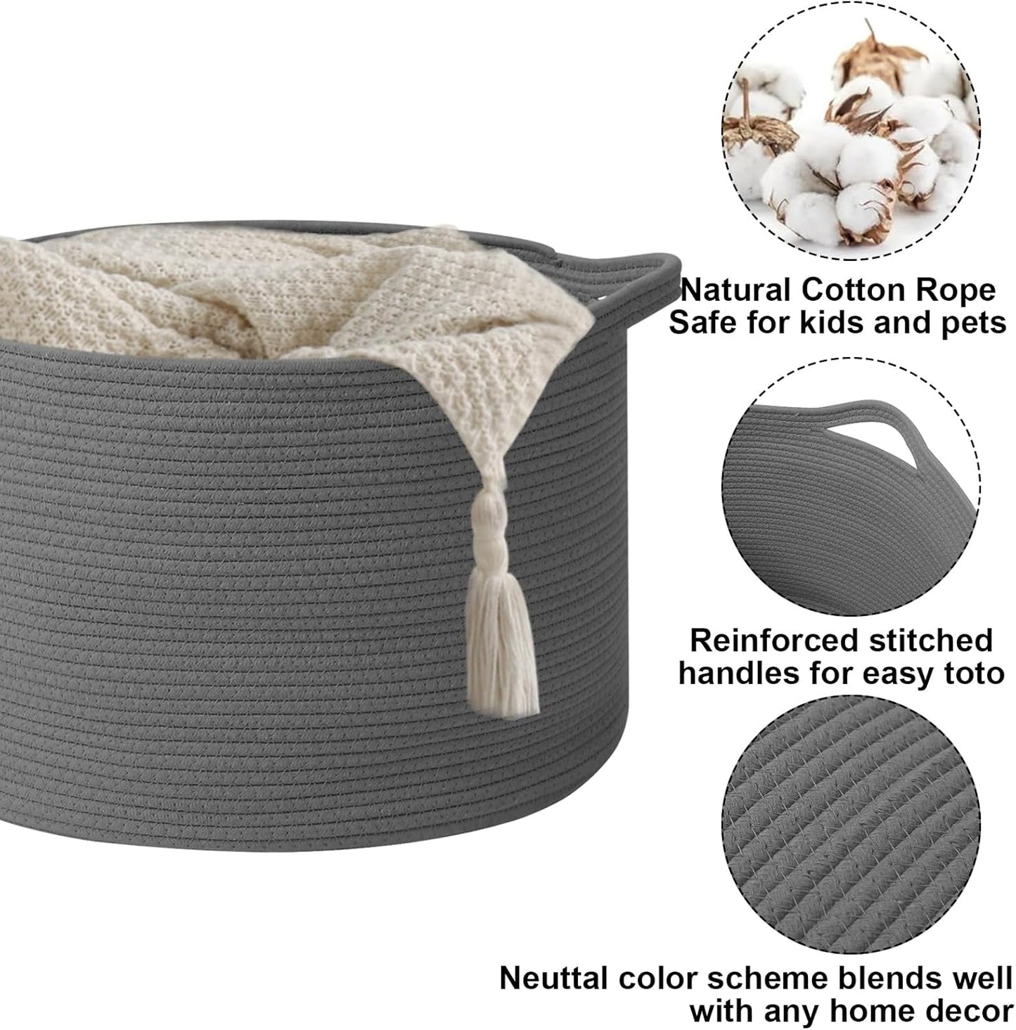 Large Blanket Basket for Organizing,115L Closet Organizers and Storage Bins Box for Shelves Woven Rope Storage Baskets,Living Room,Bedroom,Dorm,Laundry room (Dark Grey)