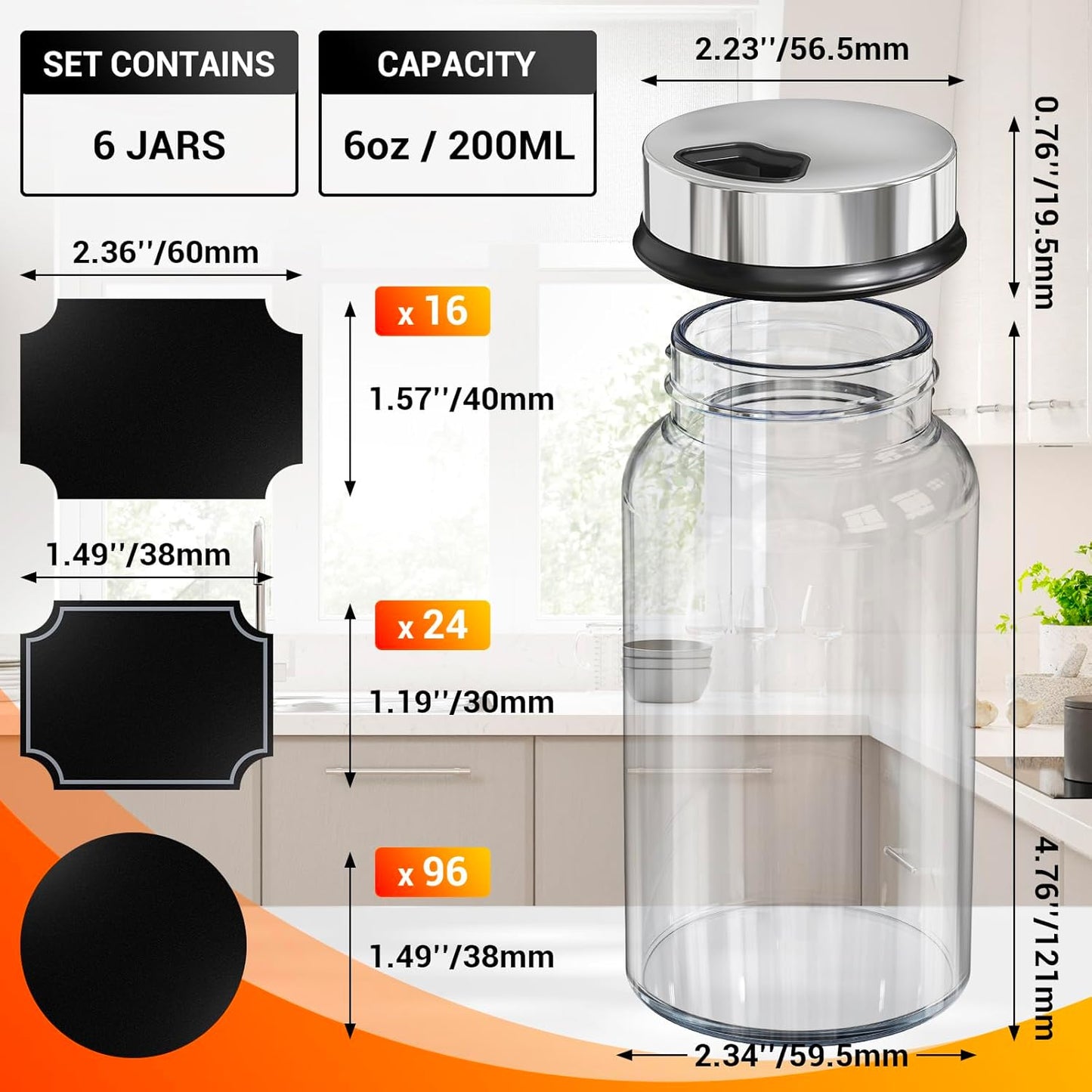 Segarty Glass Spice Jars with Shaker Lid, 6 Pack 6 oz Empty Spice Jar with Labels, Seasoning Containers Spices Bottles Set with 136 Stickers, 1 Chalk Pen, 1 Brush, Salt Pepper Shakers for Kitchen