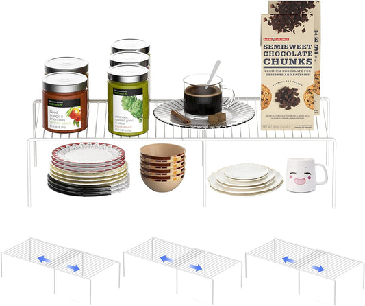 Redrubbit Cabinet Storage Shelf Rack, Expandable Metal Rustproof Kitchen Counter and Cabinet Shelf, Storage Rack Organizer Space Saver for Kitchen, Fridge, Cabinet, Bathroom, White, Set of 4