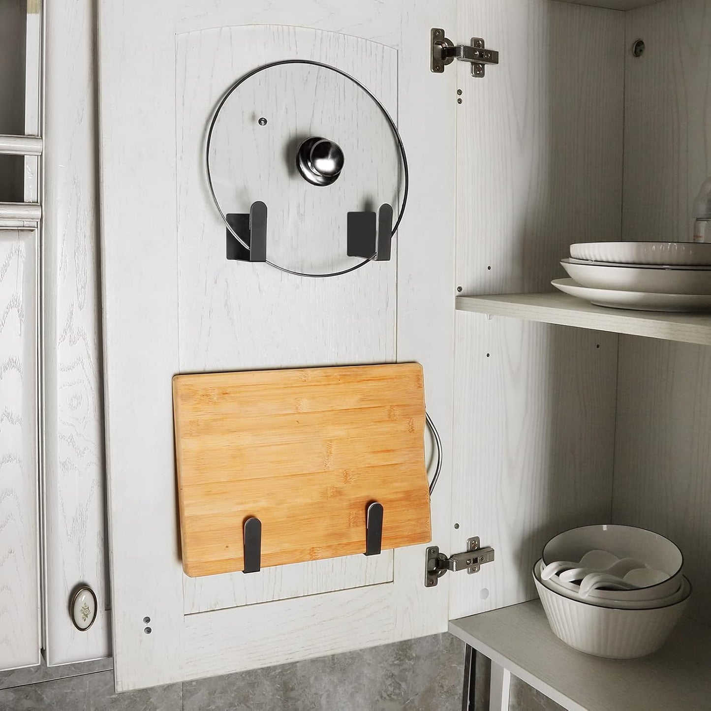 Pot Lid Holder Stainless Steel Wall Mounted 3M Self Adhesive Pan Cover Racks (Set of 4) Freely Adjustable Length (Black)