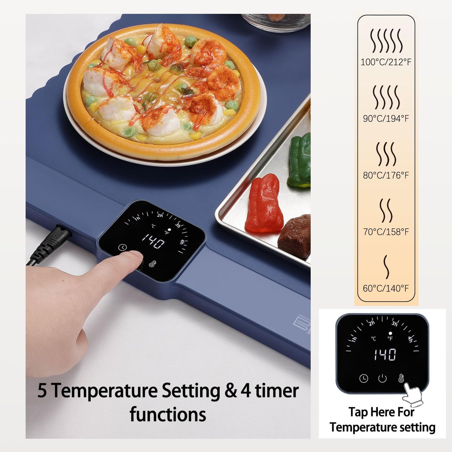 Electric Warming Tray,Food Warming Mat with 5 Temperature Settings,Rollable & Portable Silicone Fast Heating Tray Food Warmer For Parties,Restaurants,Buffet,Sabbat,Home Everyday Use(Blue)