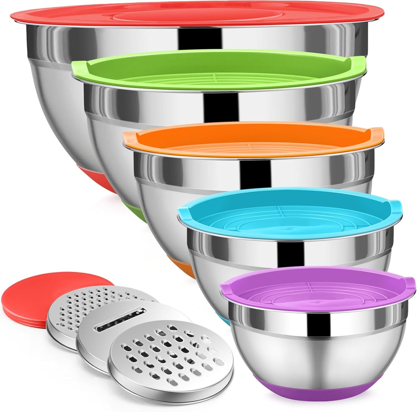 P&P CHEF Mixing Bowl with Lid Set, 5 Piece Stainless Steel Mixing Nesting Bowls for Salad Storage, 3 Grater Attachments & Non-Slip Bottoms, Size 1/1.5/2 / 2.6/4.6 QT, Multicolor