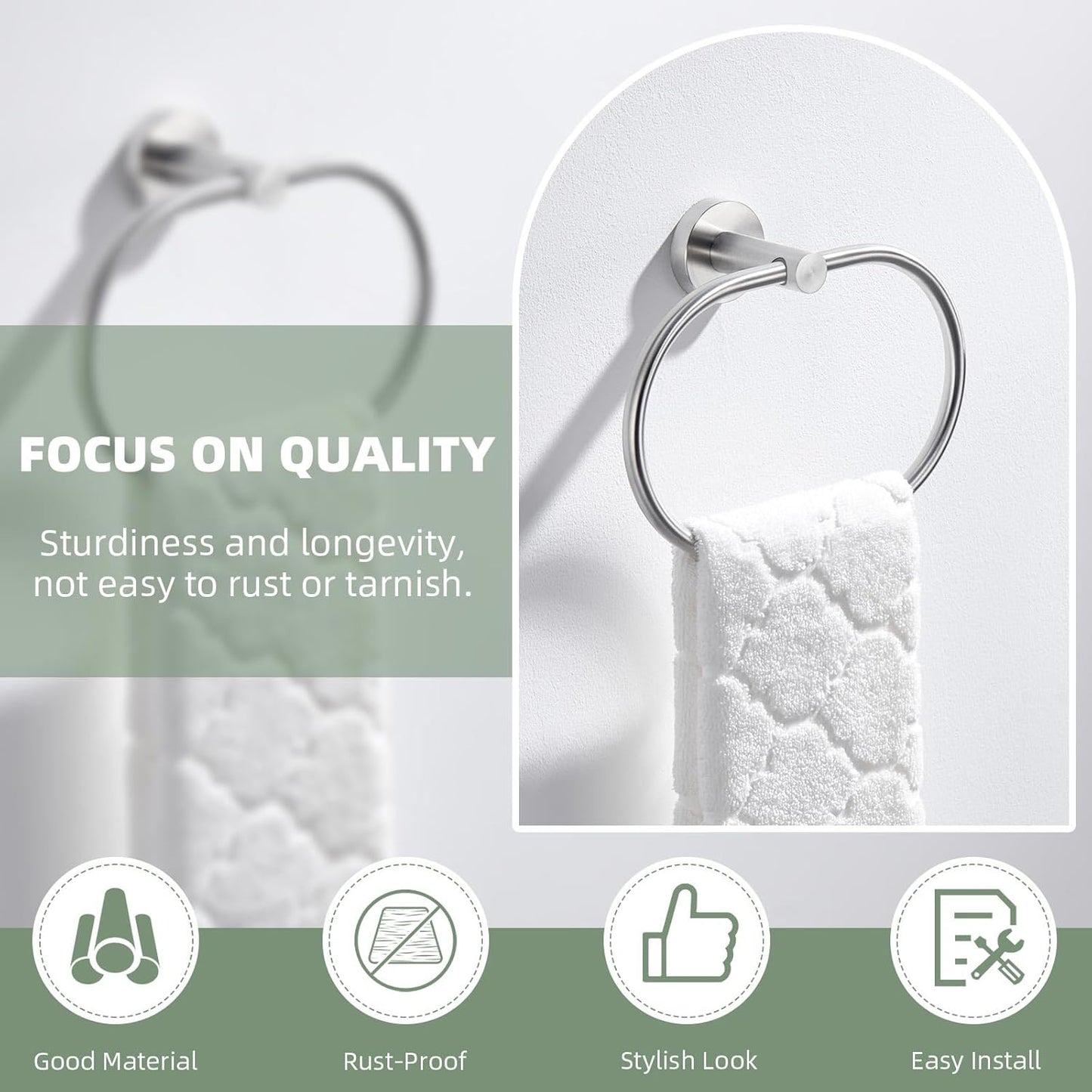 Suyar Towel Ring Brushed Nickel, SUS 304 Stainless Steel Bathroom Hand Towel Holder Wall Mounted, Oval Shape