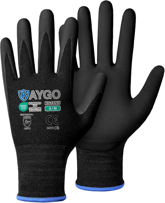 KAYGO Safety Work Gloves MicroFoam Nitrile Coated, 3 Pairs KG18NB,Seamless Knit Nylon Glove with full fingers Touchscreen, Ideal for Automotive,Warehouse,Construction (M, Black)