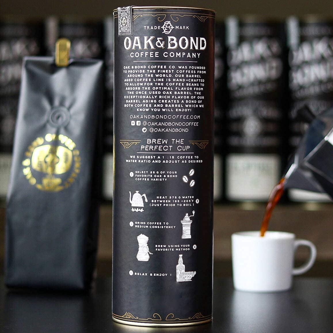 Oak & Bond Coffee Co. Bourbon Barrel Aged Coffee, Brazil Single Origin Whole Bean, Medium Roast - Chocolate, Caramel, Mandarin Orange, Sweet Bourbon Flavors - 10oz