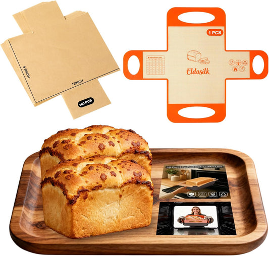 100 Pcs Unbleached Parchment Paper & 1 Pcs Silicone Loaf Pan Liner Set - Non-Stick Precut 9’’x5’’Bread Baking Sheets & Reusable Sourdough Sling with 4 Handles