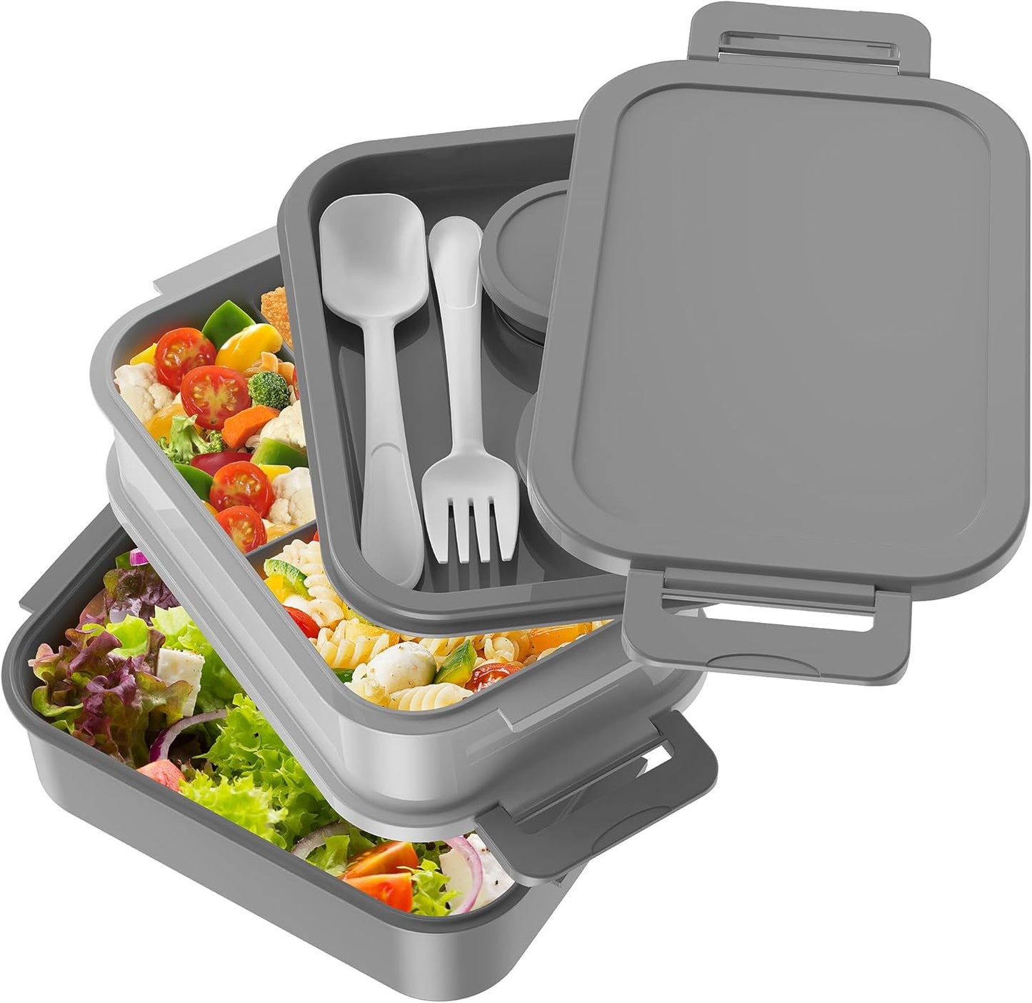 Jelife Adult Bento Box Lunch Box - 3 Layers Stackable Bento Lunch Box for Adults, 72oz Large-Style All-in-One Bento Boxes Leak-Proof Lunchbox with Utensil Sauce Containers for Dining Out,Work, Grey